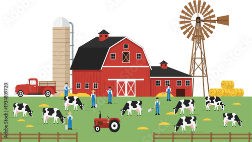 Flat Vector Illustration of a Productive Dairy Farm Featuring a Red Barn Silo Windmill Grazing Cows and Farmers Working in a Green Pastoral Countryside Setting