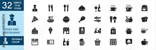 Restaurant and food glyph icon set. Food icons set. Contains icon symbol of chef, cook, fork, chicken, spoon, knife, service, reservation, store, beverage, seafood, dessert, menu, vegetables, delivery