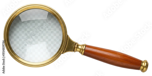 Classic gold-colored magnifying glass png brown wooden handle png visible scratches png isolated png transparent background image