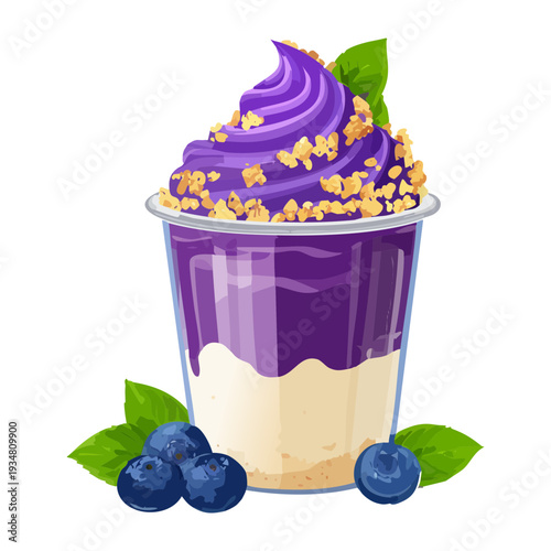 Vibrant purple berry smoothie topped with whipped cream granola and fresh blueberries in a clear glass - Vector Illustration