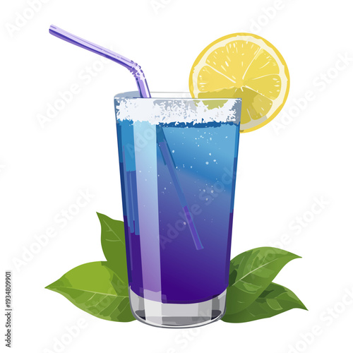 Refreshing blue citrus soda drink with a lemon slice and fresh green mint leaves in glass - Vector Illustration