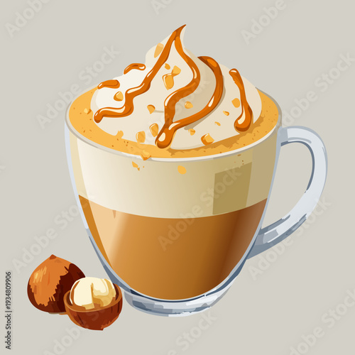 Delicious cappuccino coffee with whipped cream and caramel topping served with whole hazelnuts on the side - Vector Illustration