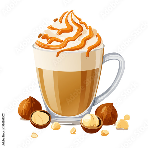 Hot caramel macchiato with thick whipped cream and caramel drizzle served with roasted hazelnut pieces - Vector Illustration