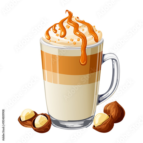 Tall glass of layered caramel latte coffee topped with whipped cream and golden caramel syrup drizzle - Vector Illustration