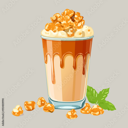 Layered caramel frappe topped with whipped cream and crunchy caramel popcorn in a tall glass cup - Vector Illustration