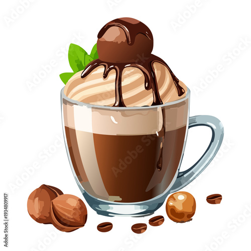Gourmet mocha coffee topped with chocolate cream and cocoa powder served with hazelnut and mint leaves - Vector Illustration