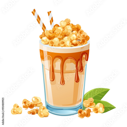Golden caramel popcorn milkshake with whipped cream and syrup drizzle served in a stylish tall glass - Vector Illustration