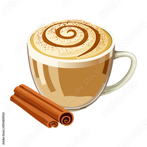 Hot cappuccino coffee with cinnamon swirl foam and cinnamon sticks served on a classic white saucer - Vector Illustration