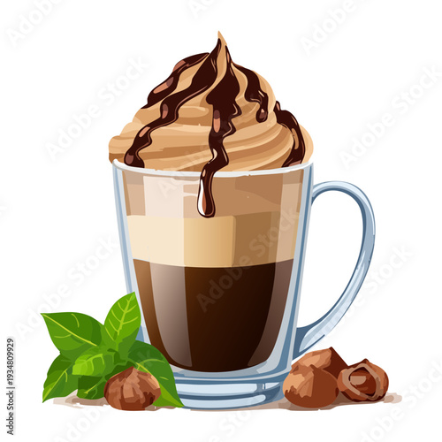 Cold brew mocha coffee with whipped cream and chocolate syrup served with hazelnut and mint garnish - Vector Illustration