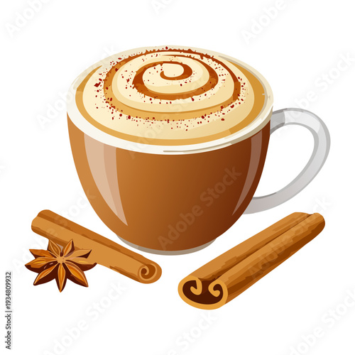 Aromatic cinnamon coffee with thick foam and spice sticks served in a warm ceramic coffee cup - Vector Illustration