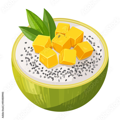 Healthy coconut milk chia pudding topped with fresh mango chunks and mint leaves in a bowl - Vector Illustration