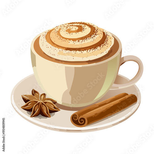 Hot spice latte coffee with cinnamon and star anise garnish served on a stylish white saucer - Vector Illustration