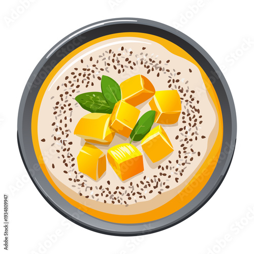 Tropical mango chia seed pudding bowl topped with fresh mango cubes and black sesame seeds garnish - Vector Illustration