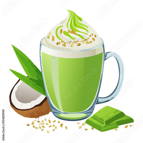 Refreshing iced matcha green tea latte with whipped cream and coconut milk in a green cup - Vector Illustration