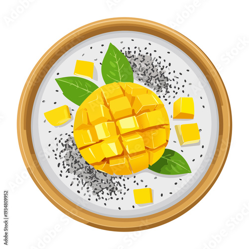 Overhead view of a tropical mango chia pudding bowl with sesame seeds and fresh fruit cubes - Vector Illustration