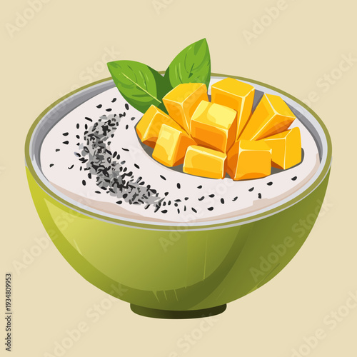 Fresh mango and chia seed yogurt bowl decorated with mint leaves and tropical fruit pieces garnish - Vector Illustration