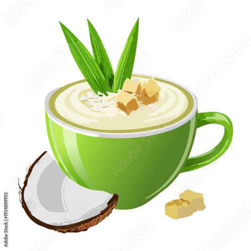 Hot coconut matcha latte topped with whipped cream and brown sugar cubes in a green cup - Vector Illustration