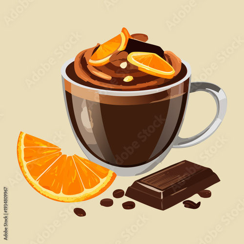 Zesty orange dark chocolate mocha with whipped cream and fresh orange slices on the side - Vector Illustration