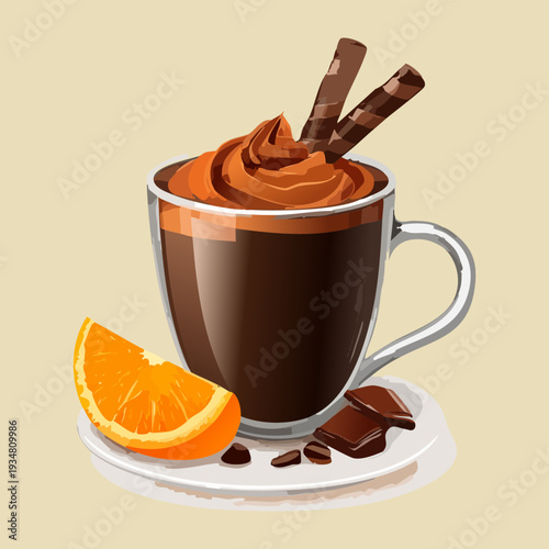 Dark chocolate and orange mocha coffee with citrus slices and cinnamon sticks in a glass cup - Vector Illustration