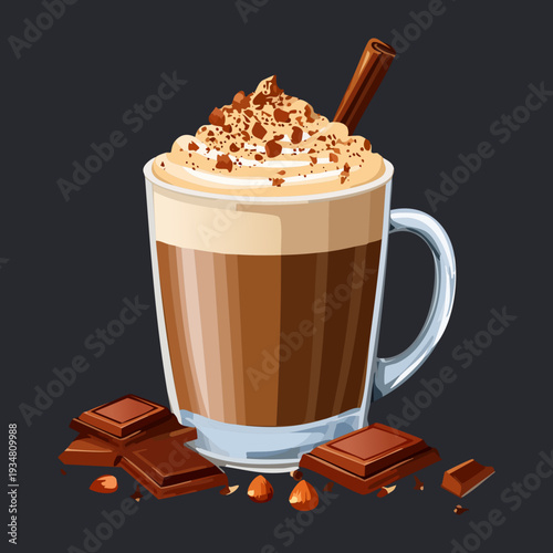 Rich mocha coffee with chocolate pieces and whipped cream served in a stylish glass mug - Vector Illustration