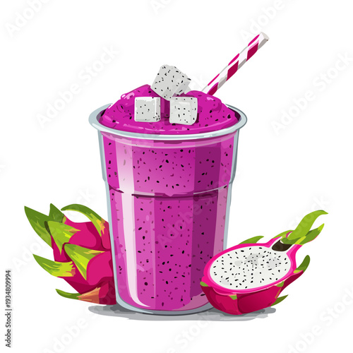 Vibrant dragon fruit smoothie topped with whipped cream and fresh pitaya slices in a glass - Vector Illustration