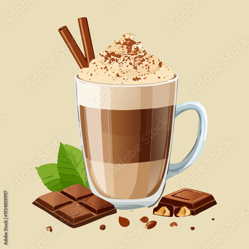 Gourmet hazelnut hot chocolate with whipped cream and chocolate shavings served with fresh nuts - Vector Illustration