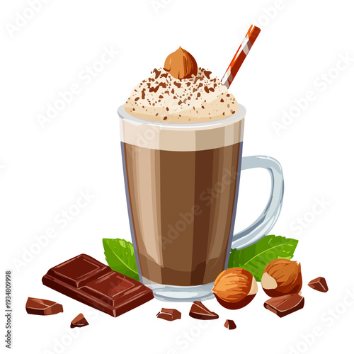 Hot chocolate mocha topped with whipped cream and chocolate bar pieces in a glass cup - Vector Illustration
