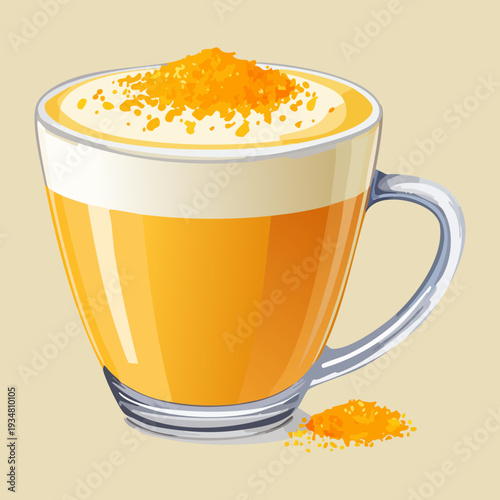 Hot orange latte with citrus zest and foam art in a clear glass cup - Vector Illustration