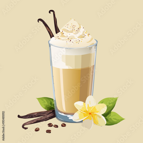 Vanilla latte with whipped cream and fresh vanilla flower and pod in glass - Vector Illustration