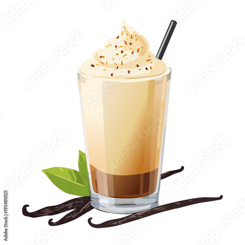 Tall glass of vanilla latte coffee with whipped cream and vanilla bean pod garnish - Vector Illustration