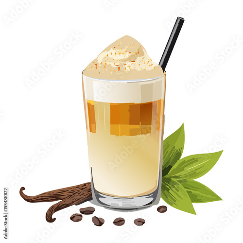 Creamy vanilla coffee with thick whipped cream and vanilla bean garnish in glass - Vector Illustration
