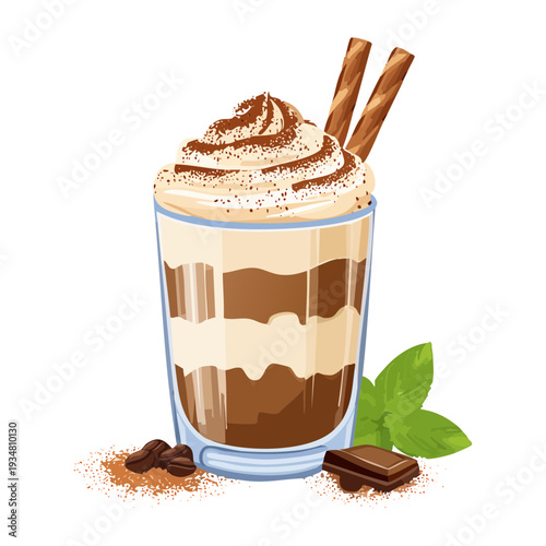 Layered chocolate mocha coffee with whipped cream and chocolate sticks in glass - Vector Illustration