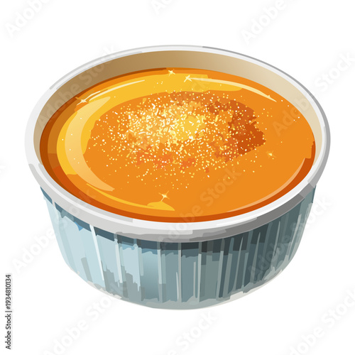 Golden orange custard dessert in a ceramic bowl with sugar dusting - Vector Illustration