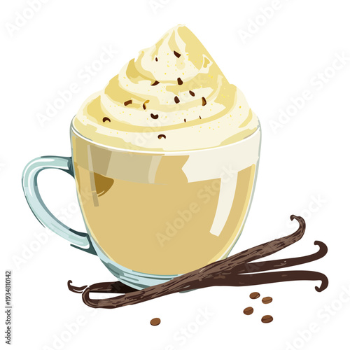 Creamy vanilla coffee topped with whipped cream and pod in a glass cup - Vector Illustration