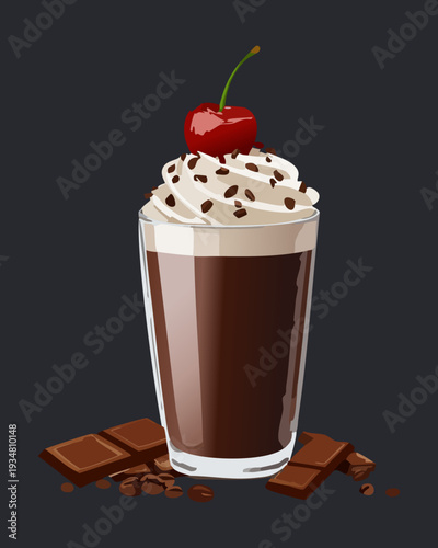 Rich chocolate frappe with whipped cream and cherry on top in a glass - Vector Illustration