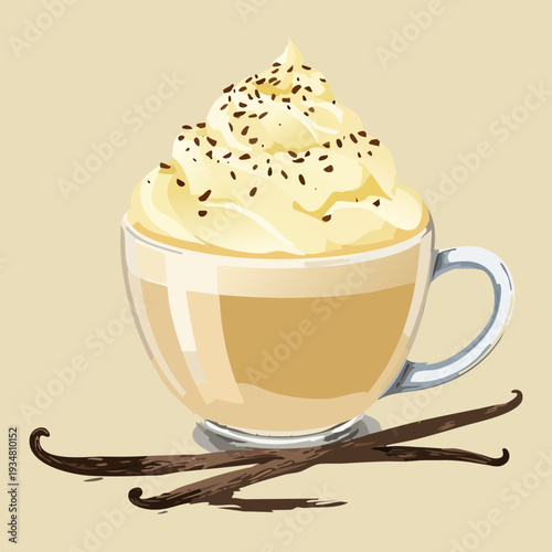 Hot vanilla latte with whipped cream and vanilla bean pod garnish in cup - Vector Illustration