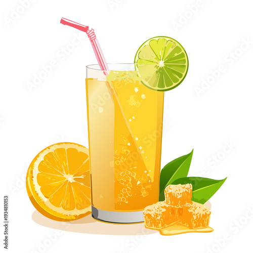 Freshly squeezed orange juice with ice cubes and citrus wedges in glass cup - Vector Illustration