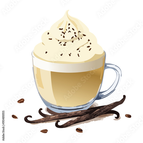 Vanilla bean latte with thick whipped cream and vanilla pod in a glass - Vector Illustration