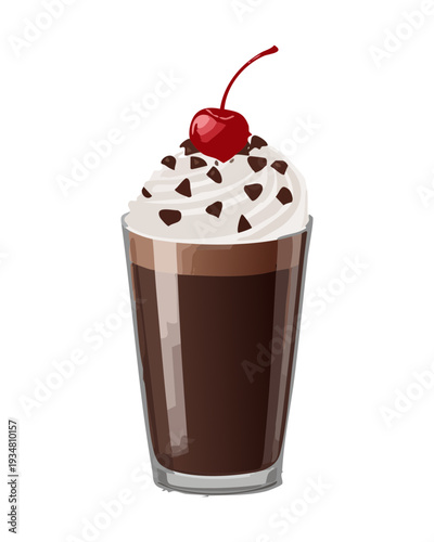 Tall glass of chocolate milkshake with whipped cream and a red cherry - Vector Illustration