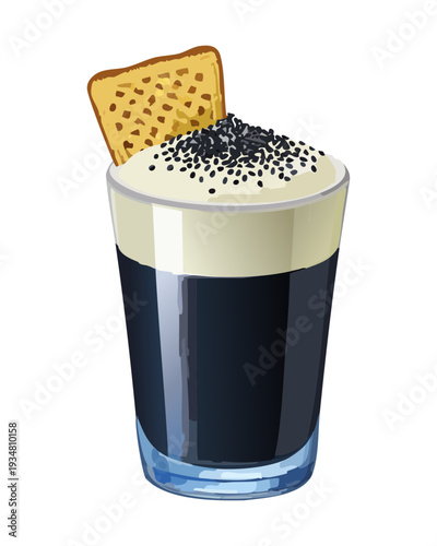Black coffee with creamy foam and sesame seeds served with a waffle piece - Vector Illustration
