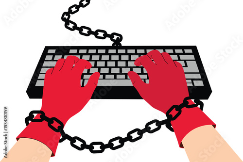 Conceptual Vector of Chained Hands in Red Gloves Typing on Computer Keyboard Representing Internet Censorship, Digital Addiction, Cyber Security, and Online Freedom Restrictions