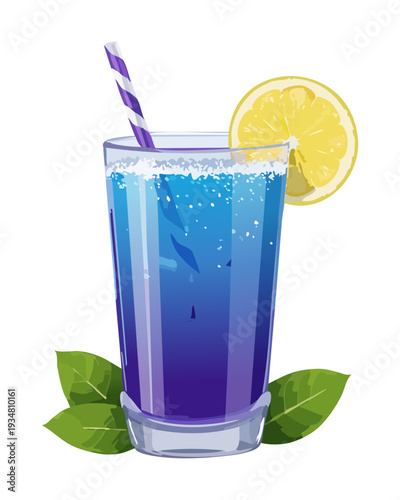 Iced blue berry soda with lemon and mint garnish in a tall glass - Vector Illustration