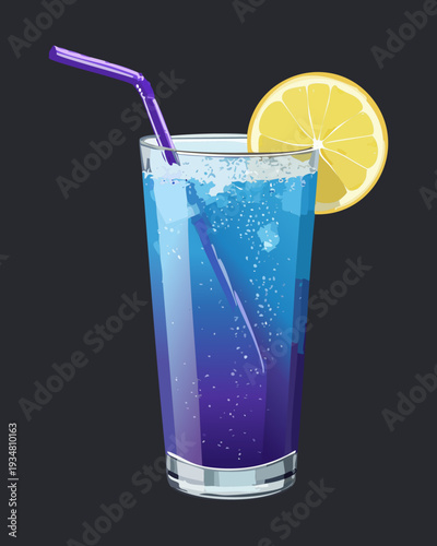 Blue lagoon mocktail with lemon slice and fresh mint leaves in glass cup - Vector Illustration