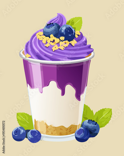 Purple berry smoothie topped with whipped cream and fresh blueberries in glass - Vector Illustration