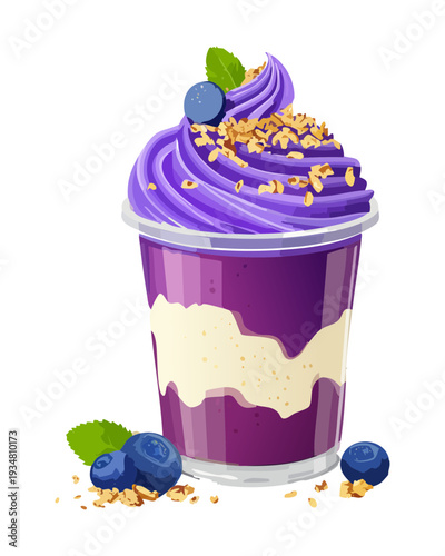 Vibrant blueberry frappe with whipped cream and berry garnish in a glass cup - Vector Illustration