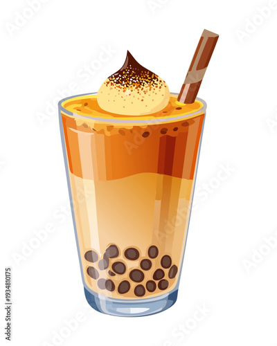 Brown sugar bubble tea with tapioca pearls and creamy milk in glass - Vector Illustration
