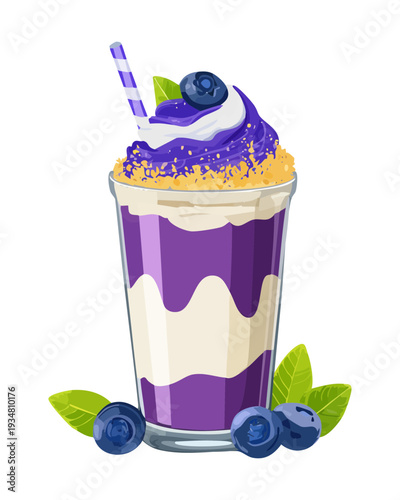 Mixed berry smoothie topped with whipped cream and blueberries in a glass - Vector Illustration