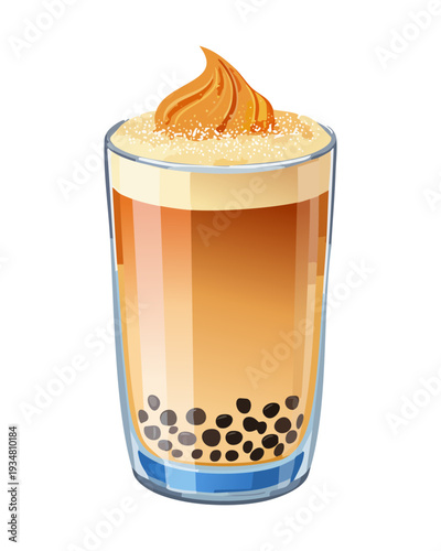Layered bubble tea with tapioca pearls and creamy milk foam in glass - Vector Illustration