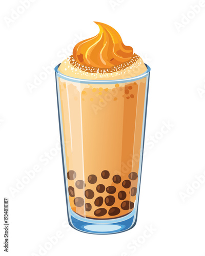 Iced boba milk tea with chewy pearls and brown sugar syrup in glass - Vector Illustration