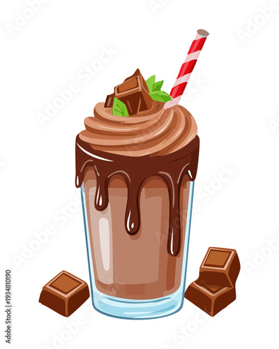 Decadent chocolate frappe with chocolate drizzle and whipped cream in glass cup - Vector Illustration
